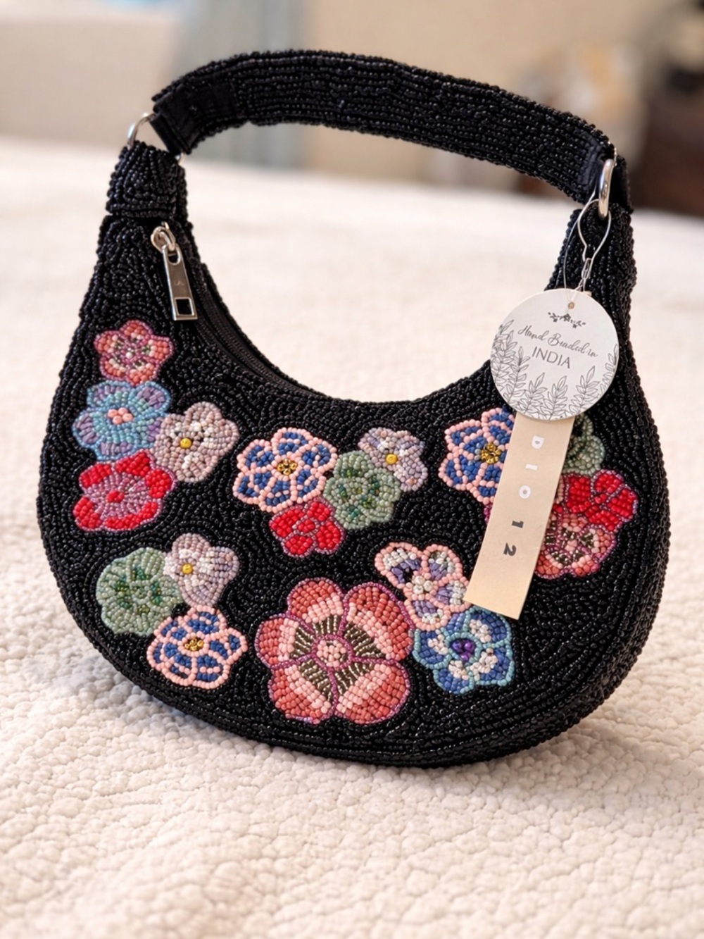 Hand-Beaded Floral Black Shoulder Bag - India. NWT